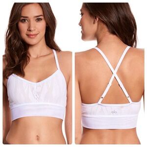 ALO Yoga Aria Lace Overlay Bra Laser Cut Adjustable Cross Back Crop Top Size XS